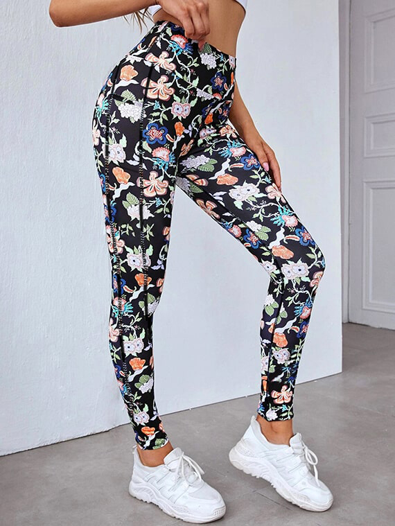 Sport Leggings Pants Floral Print With Pocket