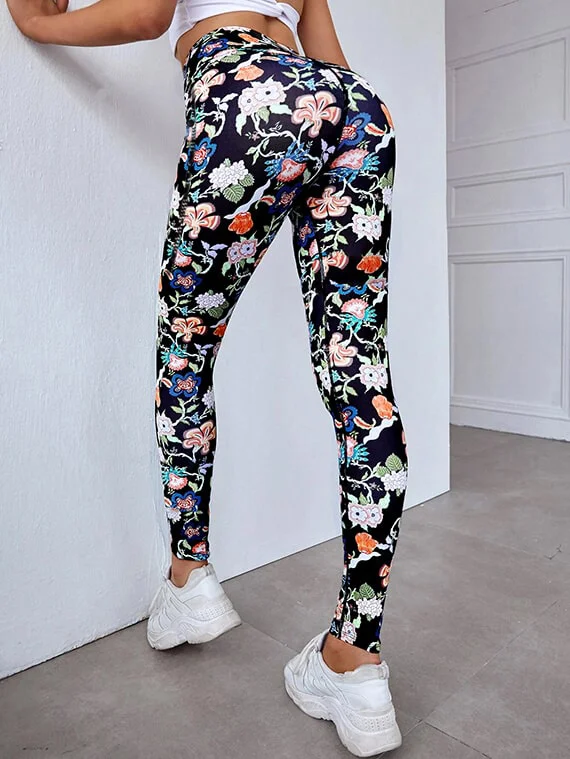 Sport Leggings Pants Floral Print With Pocket