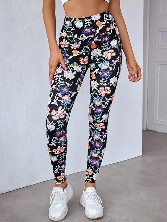 Sport Leggings Pants Floral Print With Pocket