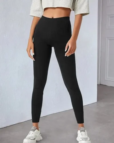 Basic Plain Cotton Leggings – Black