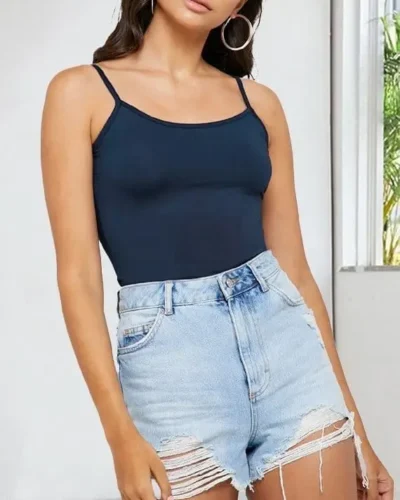 Basic Tank Top Spaghetti Strap Cotton Navy