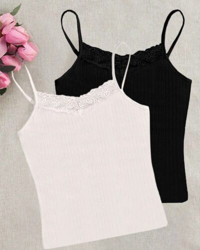 Ribbed Knit Top Spaghetti Strap With Dantel Lace 2 Pcs