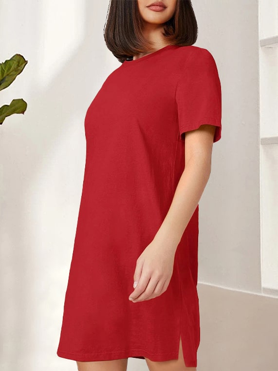 Crew Neck Cotton Tunic T-Shirt – Red