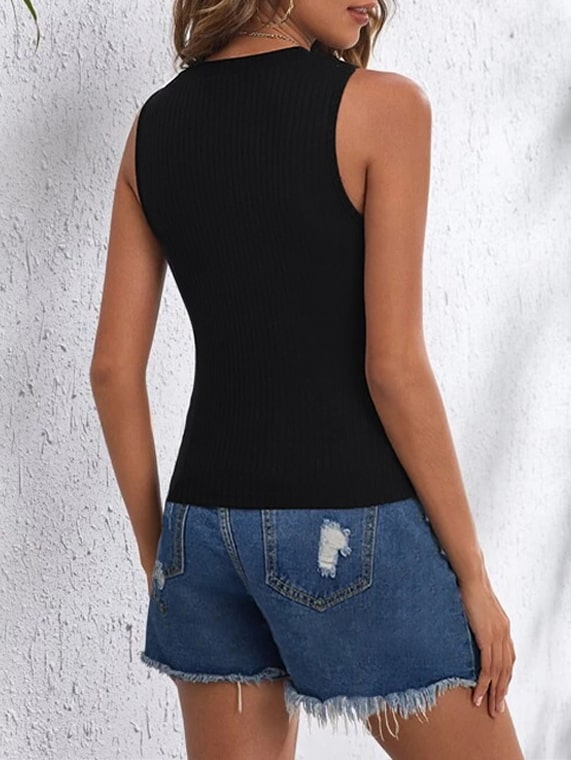 Ribbed Knit Top Crew Neck – Black