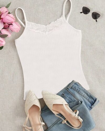 Ribbed Knit Top Spaghetti Strap With Dantel Lace