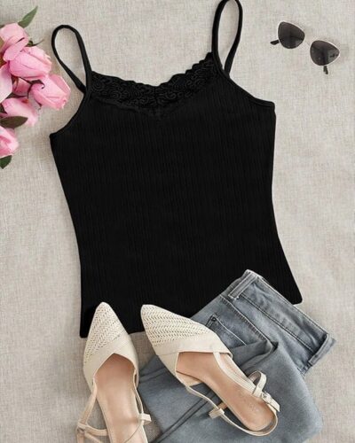 Ribbed Knit Top Spaghetti Strap With Dantel Lace