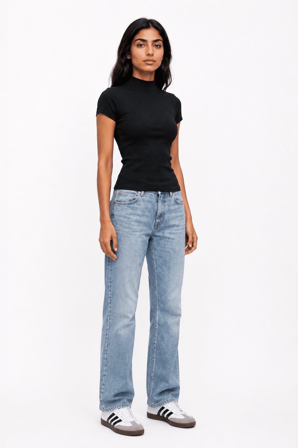 Ribbed Knit Mock Neck Crop Top - Cap Sleeve - Black - الصورة 2
