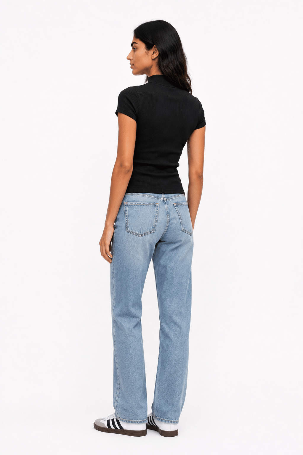 Ribbed Knit Mock Neck Crop Top - Cap Sleeve - Black - الصورة 3