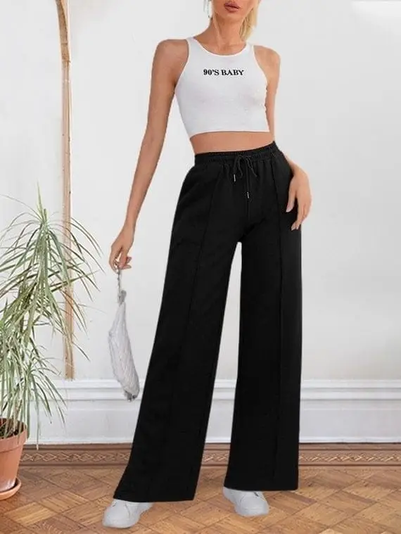 Sport Sweatpants Wide Leg With Line - Black