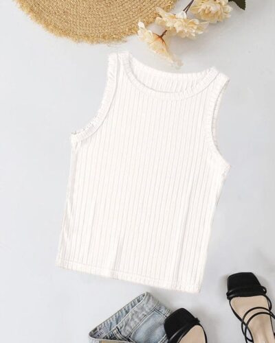 Ribbed Knit Top Crew Neck – White