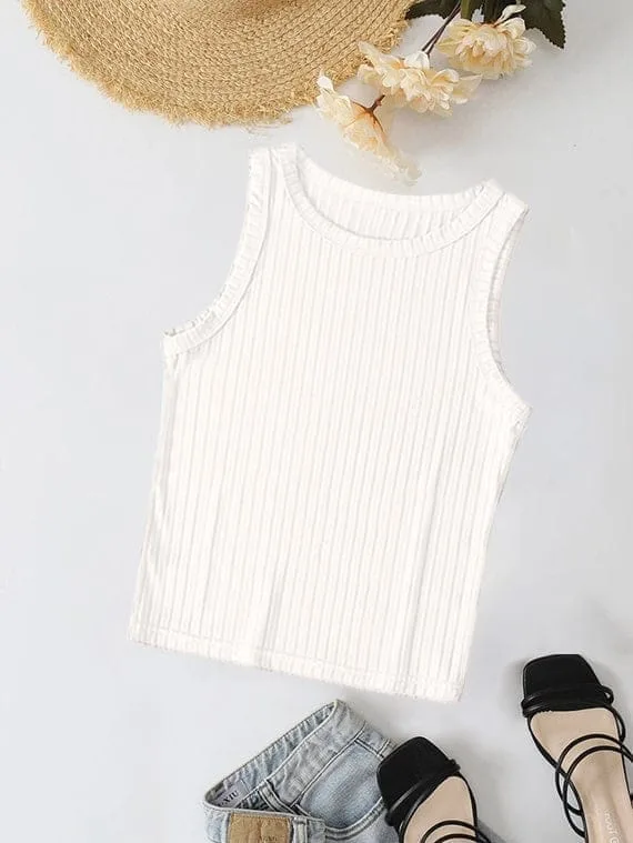 Ribbed Knit Top Crew Neck – White