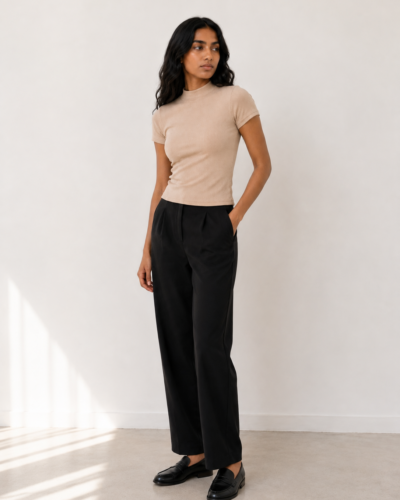 Ribbed Knit Mock Neck Crop Top – Cap Sleeve – Beige