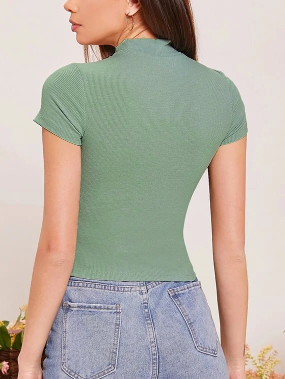 Ribbed Knit Mock Neck Crop Top – Cap Sleeve – Mint Green