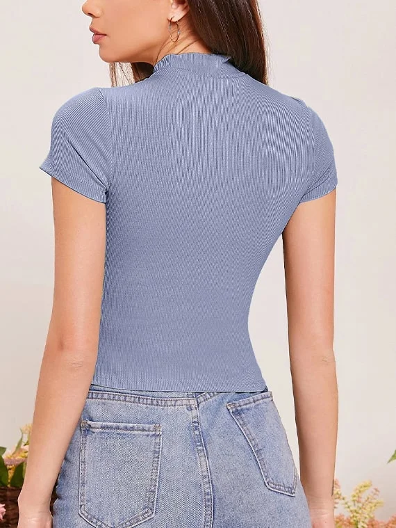 Ribbed Knit Mock Neck Crop Top – Cap Sleeve – Baby Blue