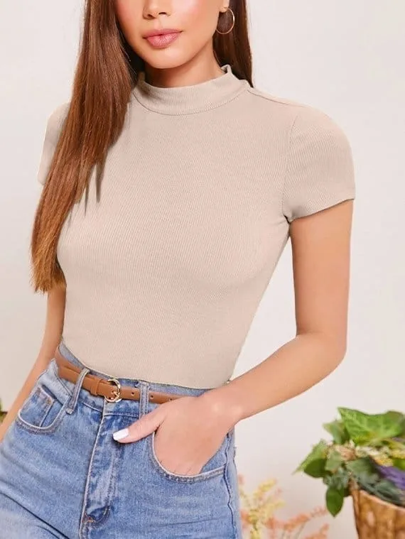 Ribbed Knit Mock Neck Crop Top – Cap Sleeve – Beige