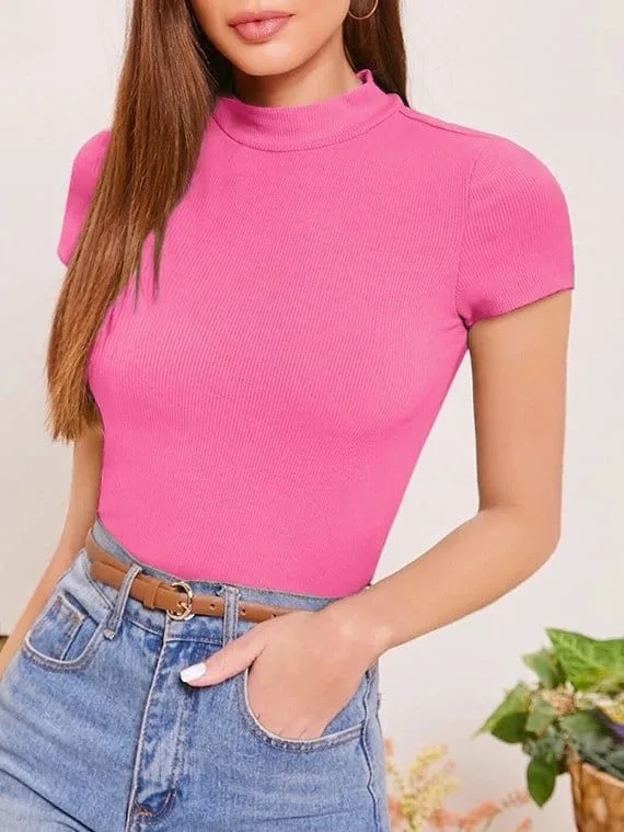 Ribbed Knit Mock Neck Crop Top – Cap Sleeve – Fuchsia