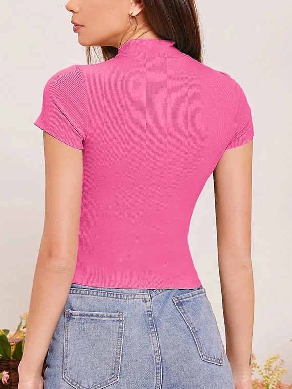 Ribbed Knit Mock Neck Crop Top – Cap Sleeve – Fuchsia