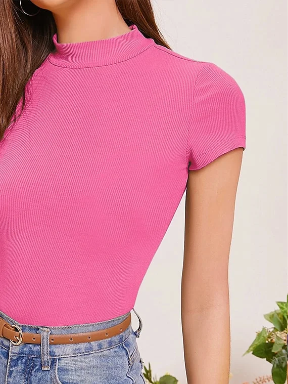 Ribbed Knit Mock Neck Crop Top – Cap Sleeve – Fuchsia