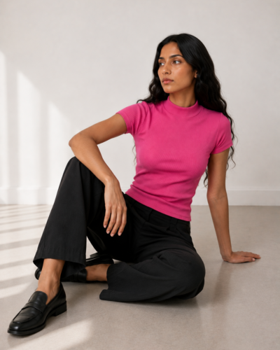Ribbed Knit Mock Neck Crop Top – Cap Sleeve – Fuchsia