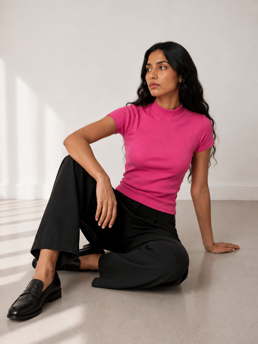 Ribbed Knit Mock Neck Crop Top - Cap Sleeve - Fuchsia