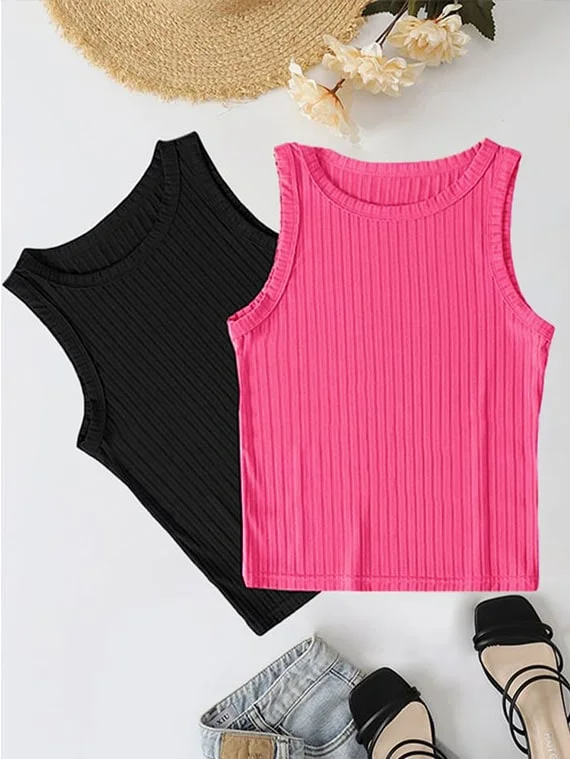 Ribbed Knit Top Crew Neck – 2 Pcs