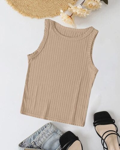 Ribbed Knit Top Crew Neck – Coffee