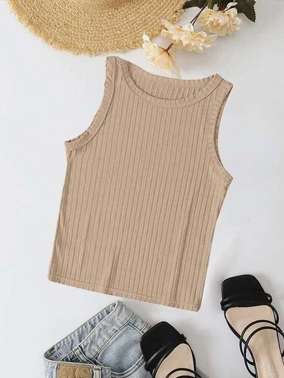 Ribbed Knit Top Crew Neck  – Coffee