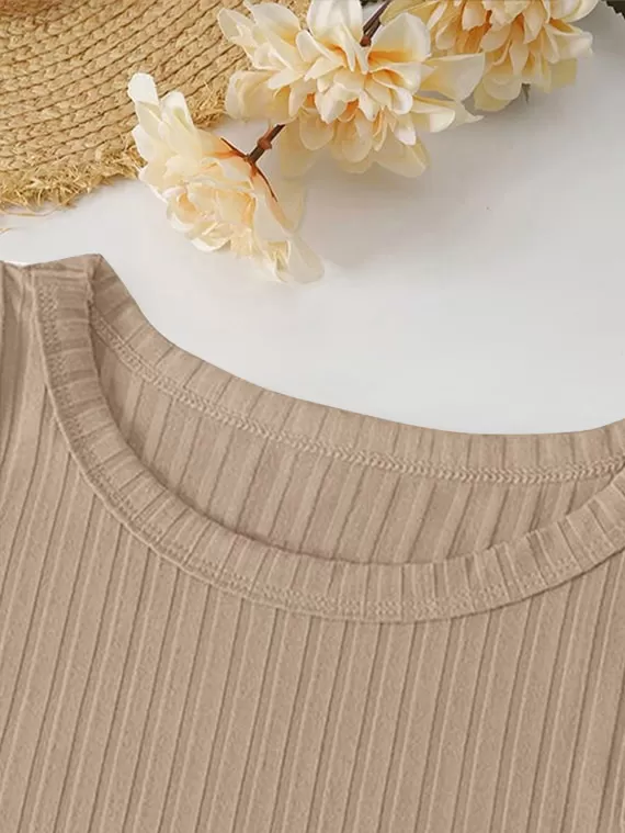 Ribbed Knit Top Crew Neck  – Coffee