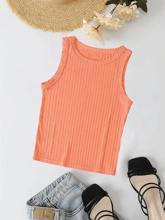 Ribbed Knit Top Crew Neck  – Peach