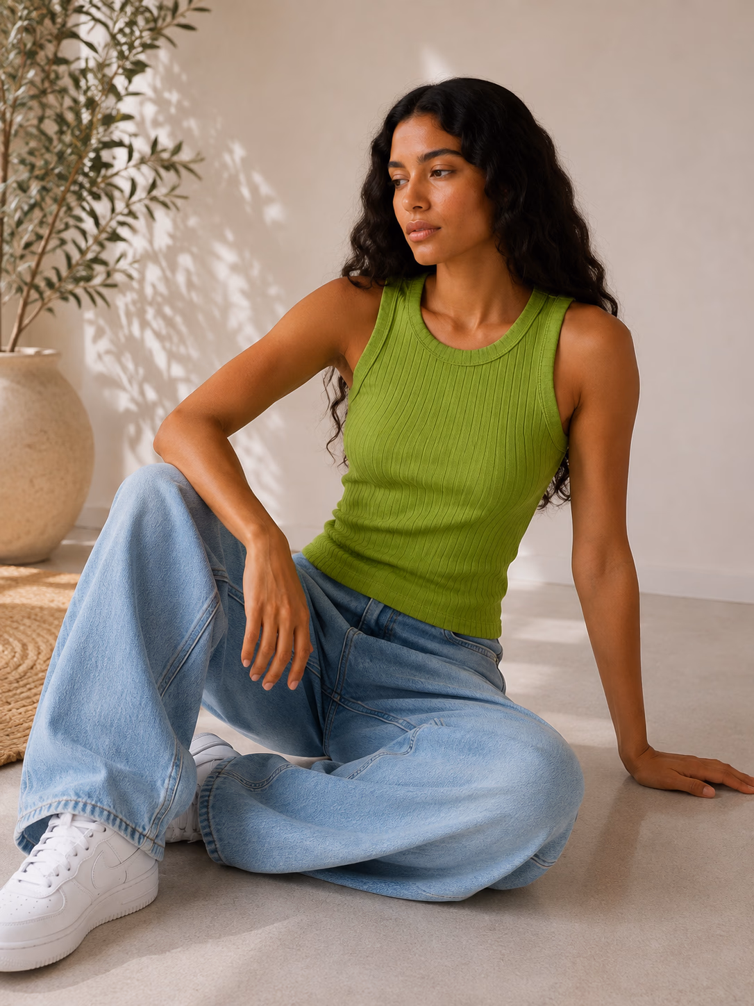 Ribbed Knit Top Crew Neck - Green - Image 2