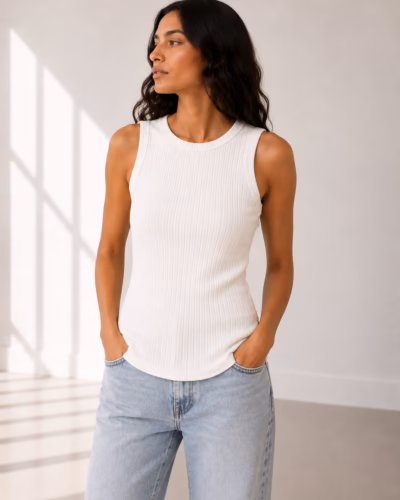 Ribbed Knit Top Crew Neck – White