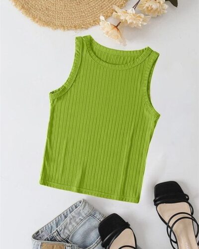 Ribbed Knit Top Crew Neck – Green