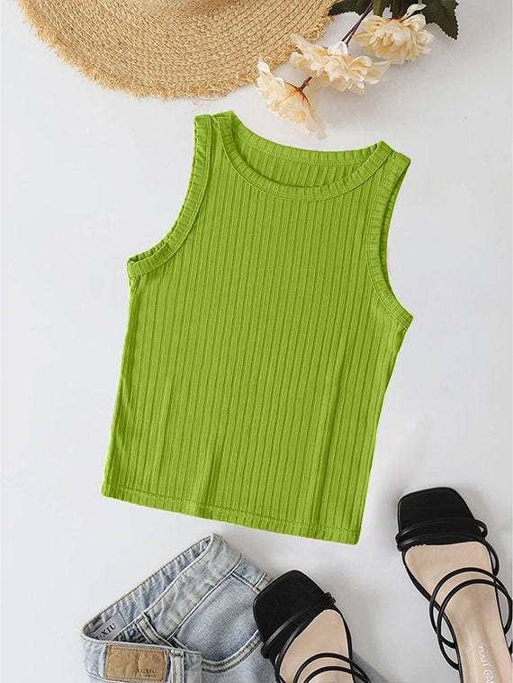 Ribbed Knit Top Crew Neck  - Green