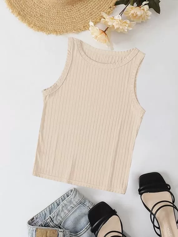 Ribbed Knit Top Crew Neck  – Beige