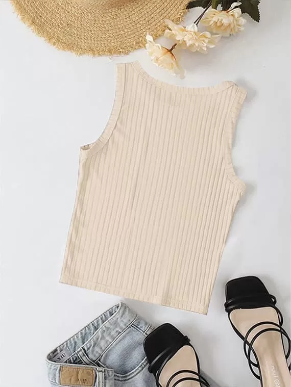 Ribbed Knit Top Crew Neck  – Beige