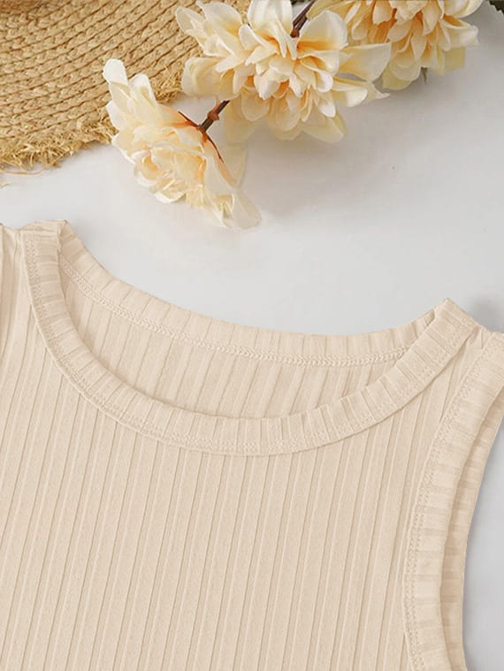 Ribbed Knit Top Crew Neck  – Beige