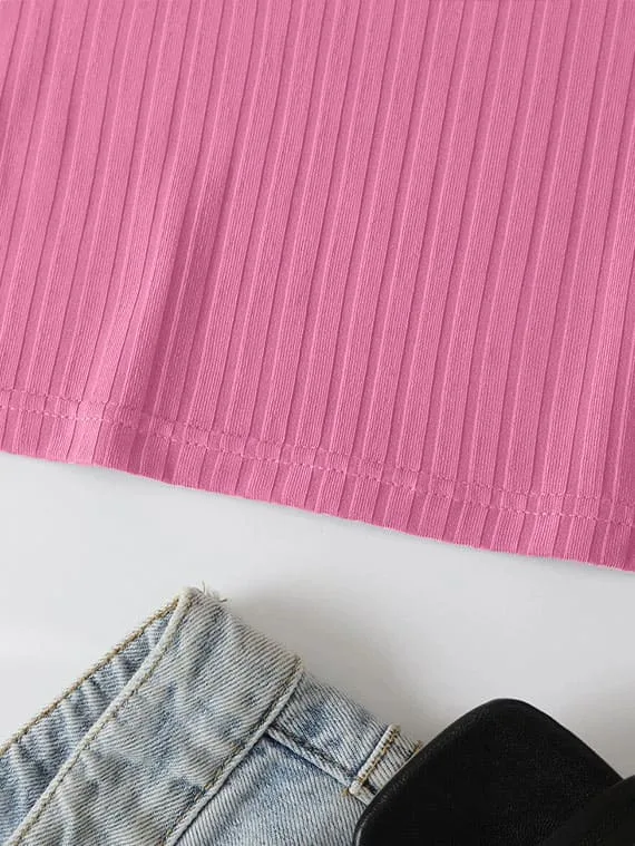 Ribbed Knit Top Crew Neck – Pink