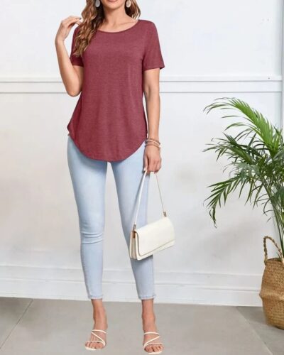 Casual Half Sleeve Top Curved Hem – Burgundy