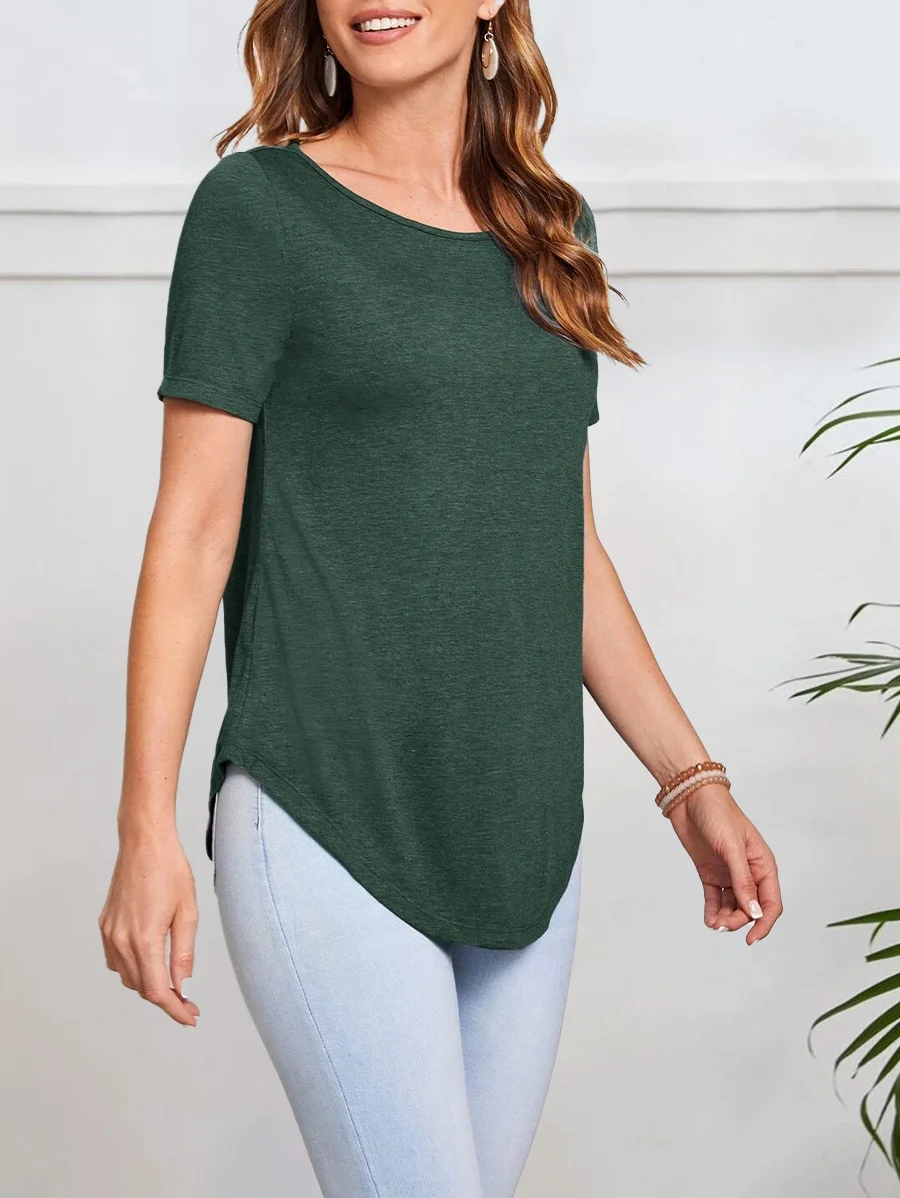 Casual Half sleeve Top Curved Hem – Dark Green