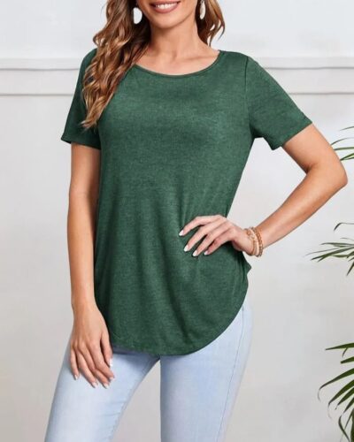 Casual Half sleeve Top Curved Hem – Dark Green