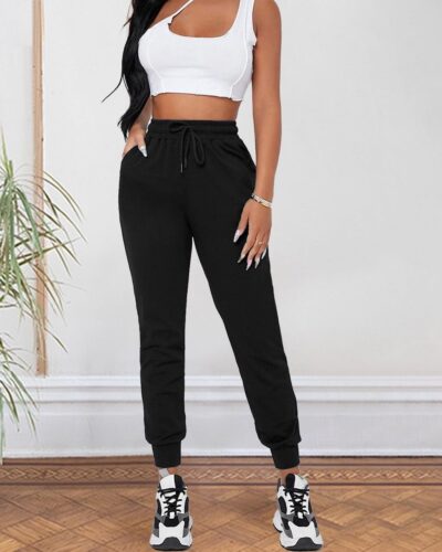Sweatpants Drawstring – Elastic Ankles Joggers – Black