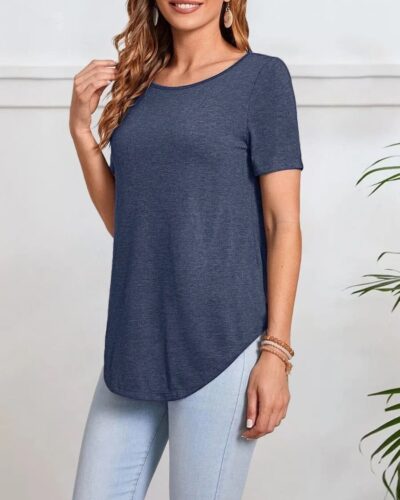 Casual Half Sleeve Top Curved Hem – Navy