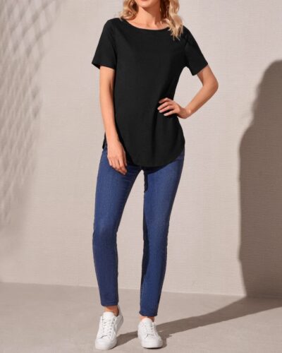 Casual Half Sleeve Top Curved Hem – Black