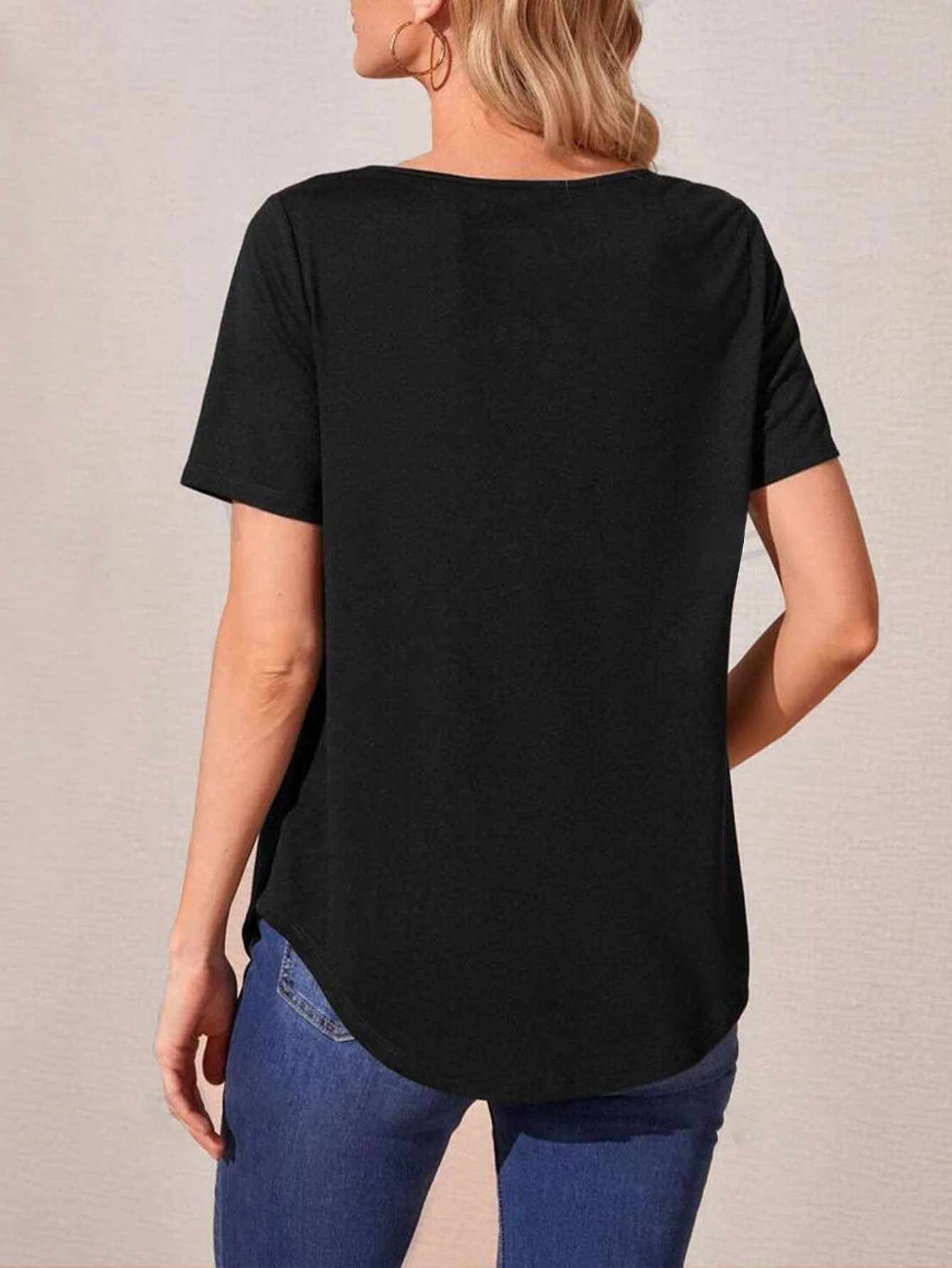 Casual Half Sleeve Top Curved Hem – Black