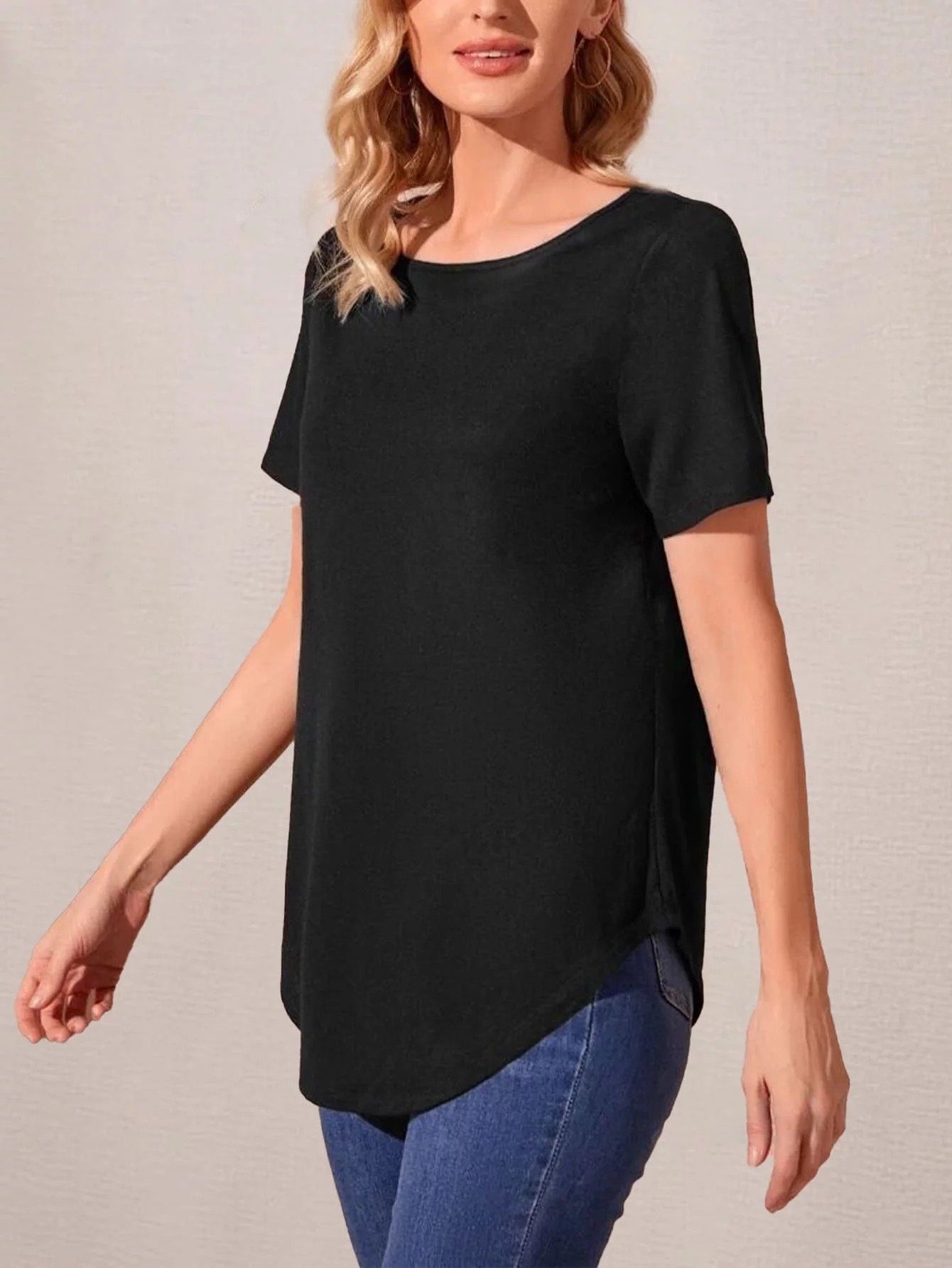 Casual Half Sleeve Top Curved Hem – Black