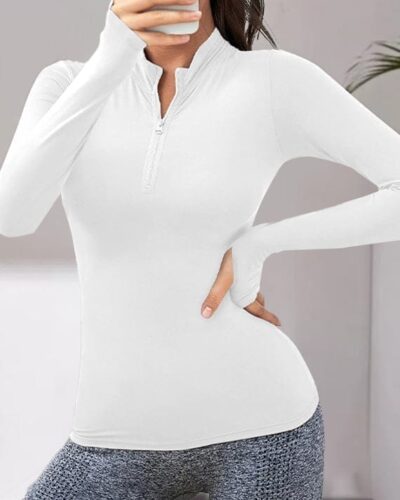 Half Zipper Sport Top Long Sleeves – White