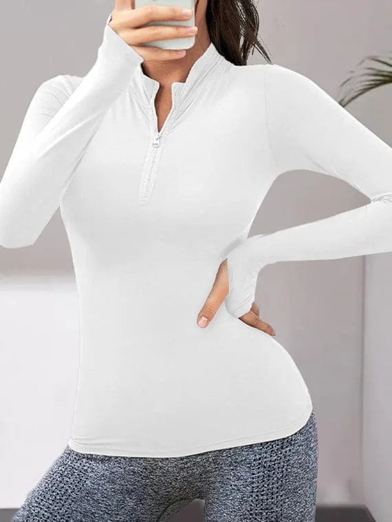 Half Zipper Sport Top Long Sleeves – White