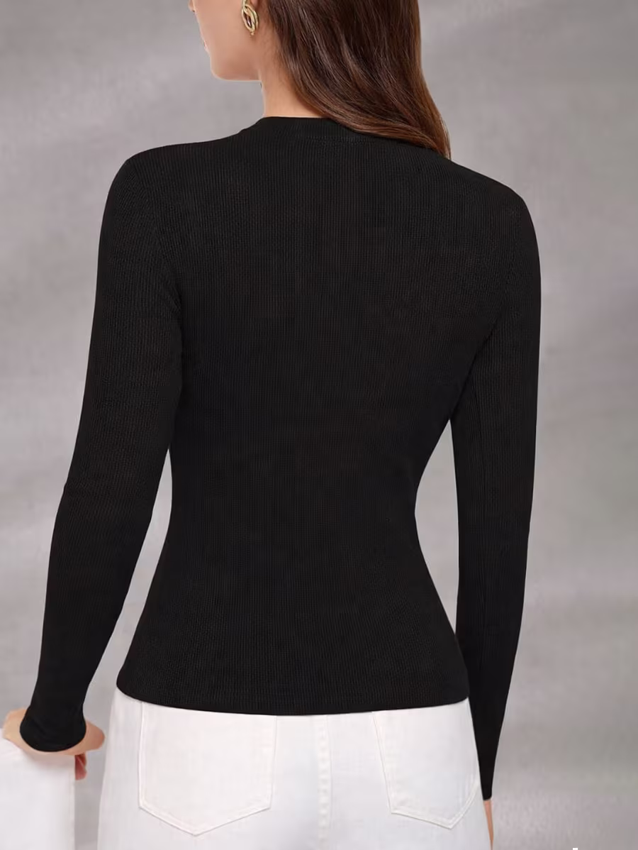 Ribbed Top Crew Neck Long Sleeve - Black - Image 3