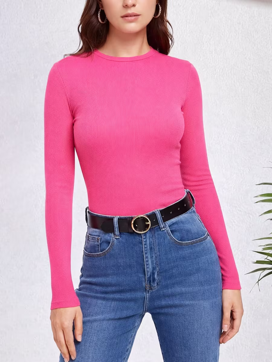 Ribbed Top Crew Neck Long Sleeve - Fuchsia - Image 2