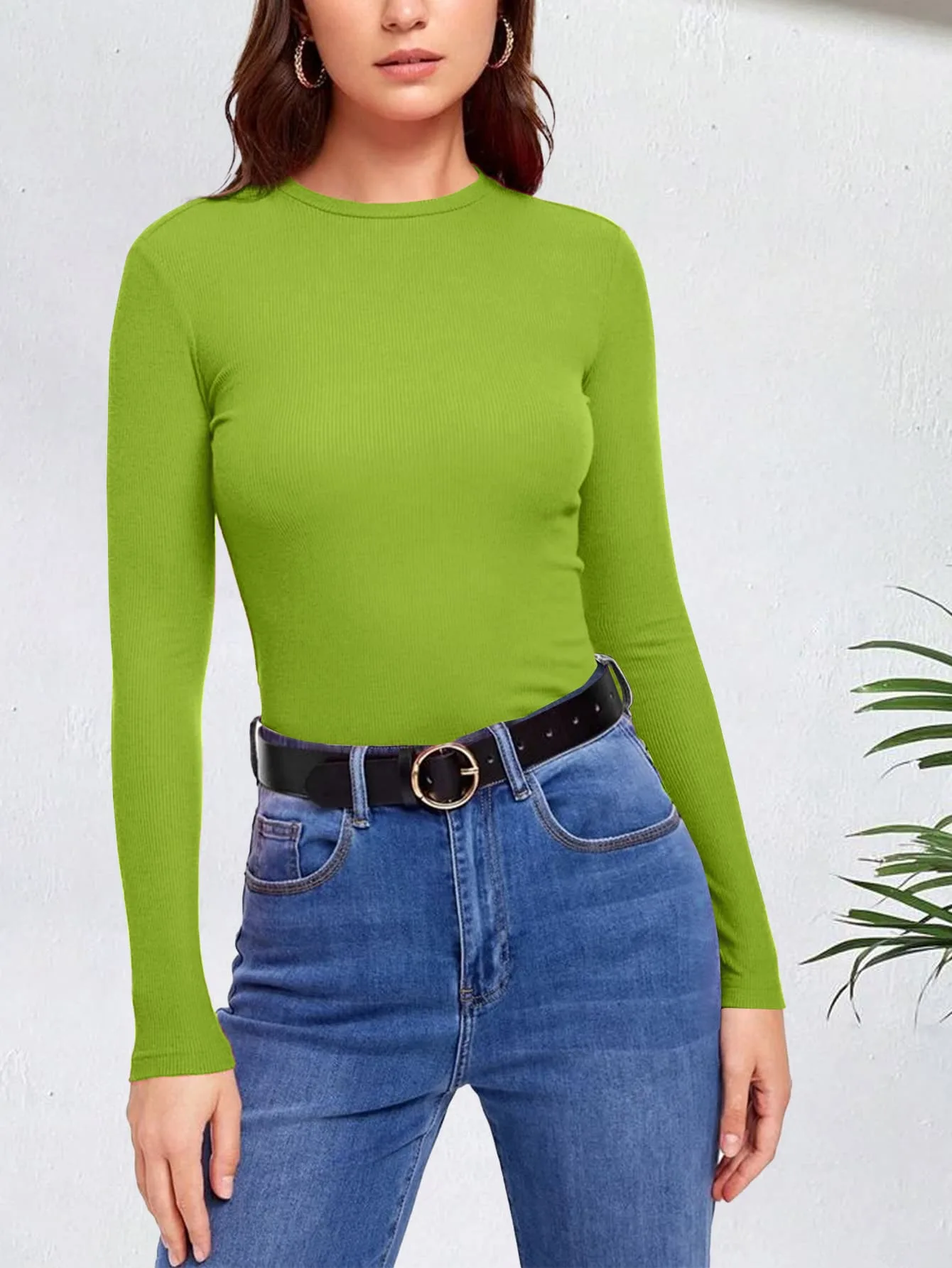 Ribbed Top Crew Neck Long Sleeve – Green